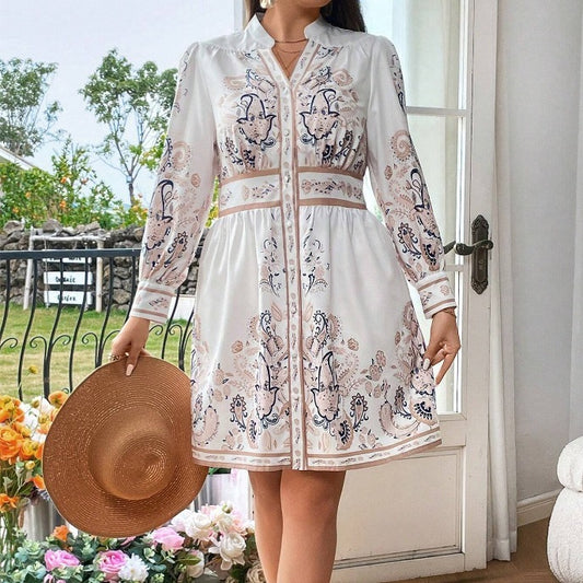 Printed Plus Size V-neck Long Sleeve Cinched Mid-length Dress